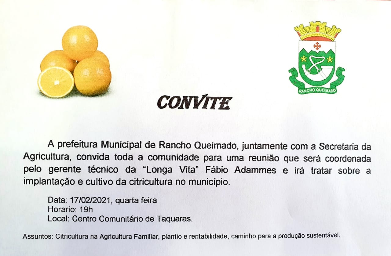 Convite: Reunião irá tratar sobre a implantação e cultivo da citricultura no município