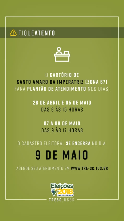 Plantão do Cartório Eleitoral da Comarca de Santo Amaro da Imperatriz