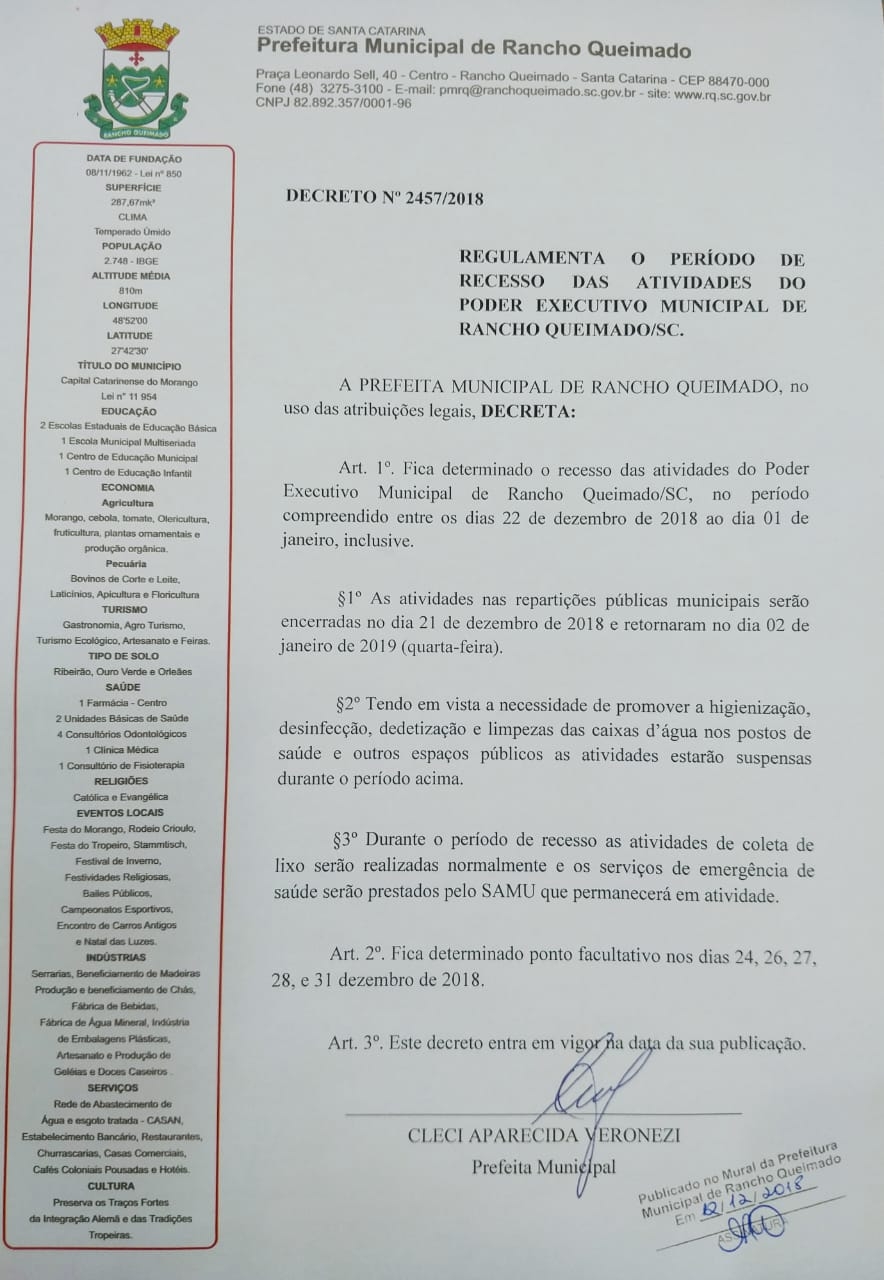Decreto Regulamenta o Período de Recesso das Atividades do Poder Executivo Municipal