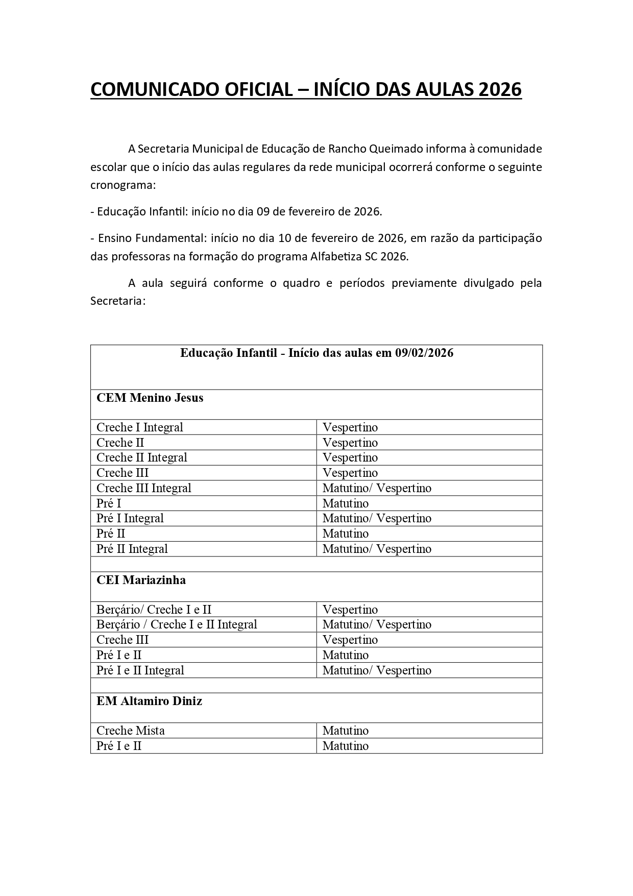 COMUNICADO OFICIAL – INÍCIO DAS AULAS 2026